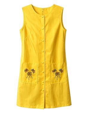 Yellow Sleeveless Embroidered Pocket Midi Dress